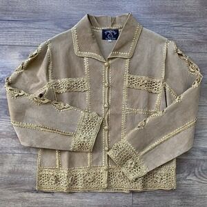 Ning Ning Women's Small Leather Crochet Tan Cowgirl Boho Jacket